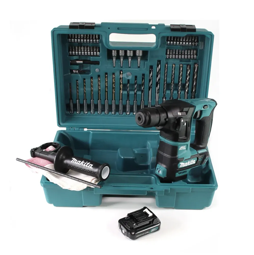 Makita HR 166 DA1E1 Taladro Percutor Inalámbrico 10,8V SDS-Plus Brushless + Maletín + 64 Piezas Set de accesorios + 1x bat...