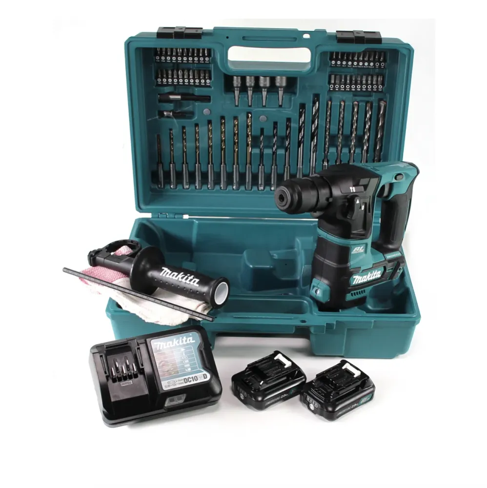 Makita HR 166 DWA2E1 Taladro Percutor Inalámbrico 10,8V SDS-Plus Brushless + Maletín + 64 Piezas Set de accesorios + 2x ba...