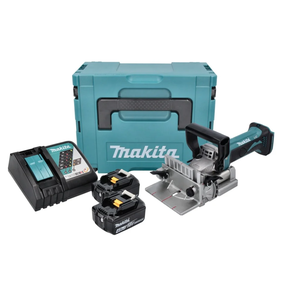 Makita DPJ 180 RMJ 18 V 100 mm fresadora y ranuradora sin cable + 2x 4,0 Ah baterí recargable + cargador + Makpac