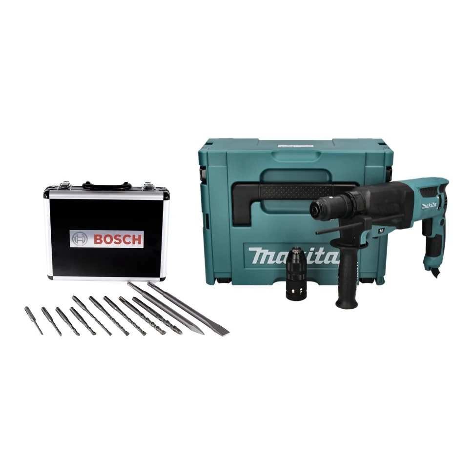 Martillo combinado Makita HR 2630 TJ 800 W 2,4 J SDS Plus + juego de brocas y cinceles de 11 piezas + portabrocas sin llav...