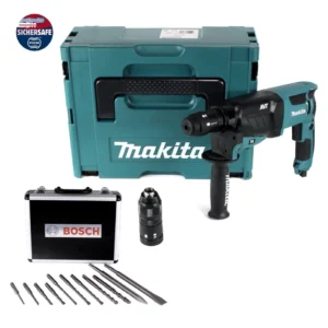 Martillo combinado Makita HR 2631 FTJ 800 W SDS Plus + Portabrocas sin llave + Juego de brocas y cinceles - 11 piezas. Cer...