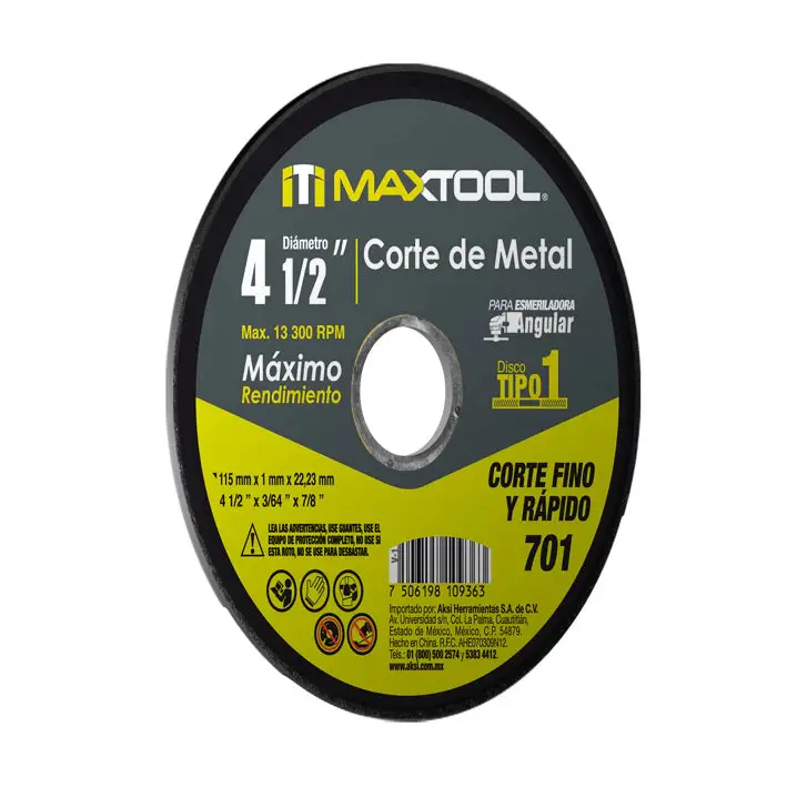 Disco Corte de Metal 4 1/2" x 1mm Maxtool Tipo 1