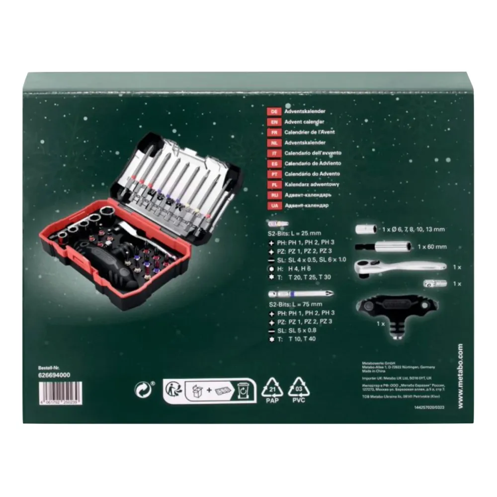 Metabo Calendario de Adviento con juego de herramientas de 31 piezas (626694000) puntas/vasos/trinquete