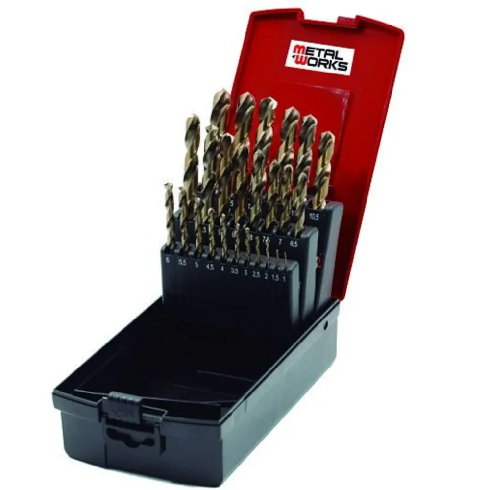 Kit estuche brocas metal acero rápido aleación cobalto. industrial. HSS-CO. Aceros duros e inoxidables. 19 piezas. MetalWorks