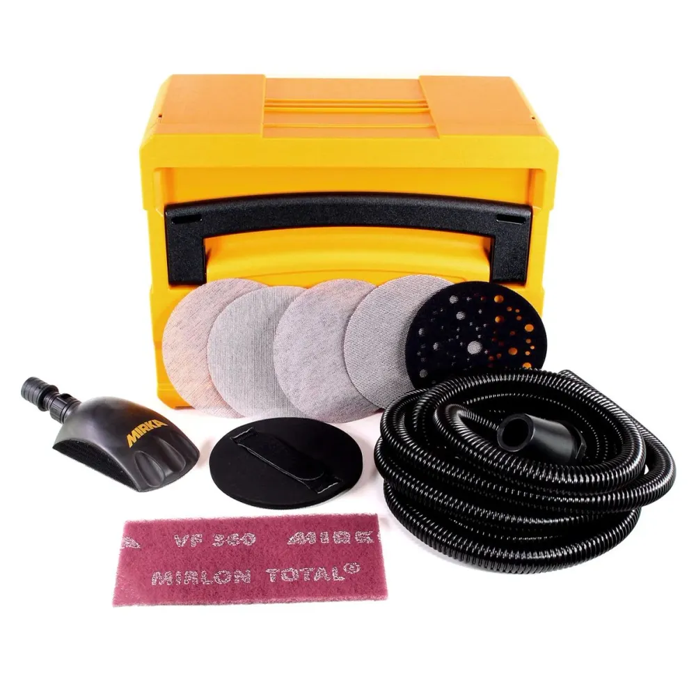 Juego de maletines de solución abrasiva Mirka XXL para DEROS + bloque manual Roundy + 240x discos abrasivos ABRANET de 150 mm