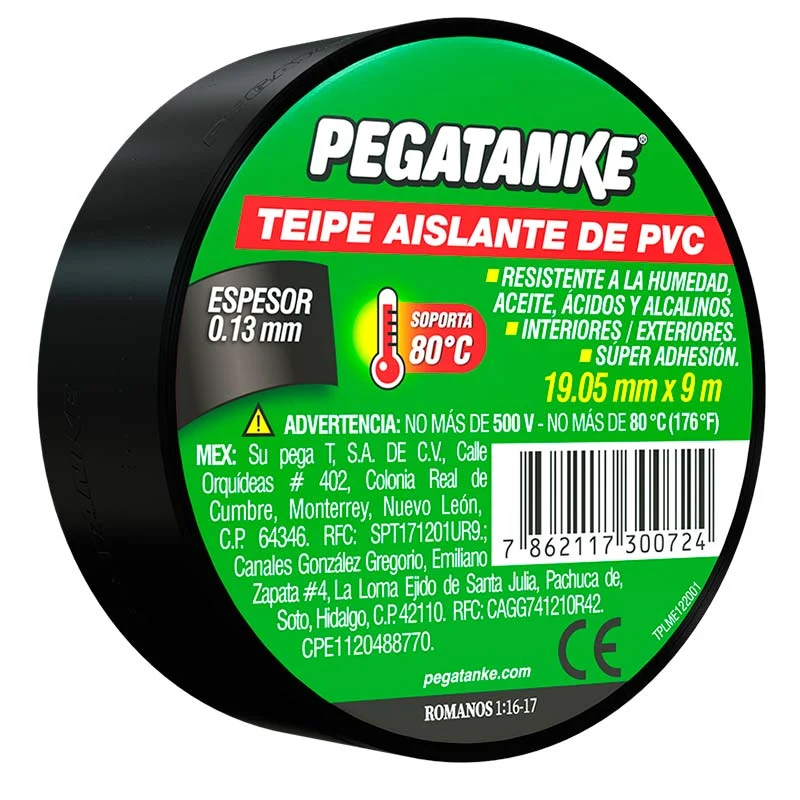 CINTA AISLANTE, 9 METROS, 3/4 PULG, NO INFLAMABLE, PROTECCION DE CABLE, MAXIMA RESISTENCIA Y ESTIRAMIENTO. PEGATANKE