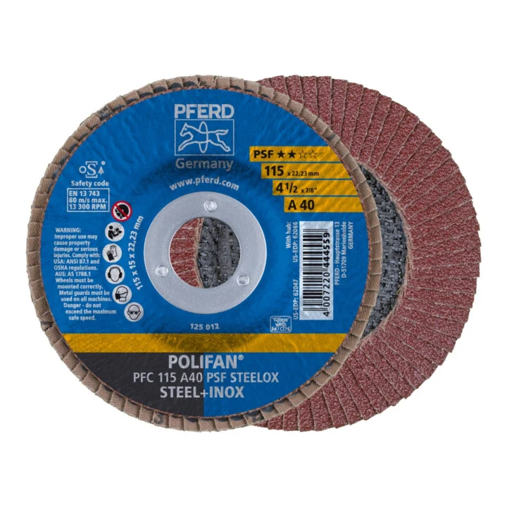 Arandela dentada PFERD POLIFAN PSF STEELOX Ø 115 mm grano 40 cónica (4000842590)