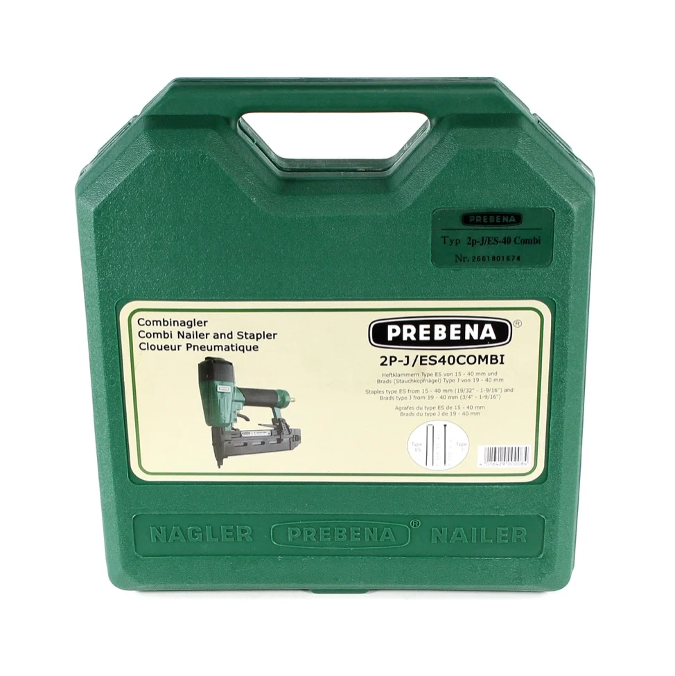 Prebena 2P-J/ES 40 COMBI Clavadora de aire comprimido / 5 bis 7 Bar + Maletín de transporte + Prebena J 40 CNKHA Clavos co...