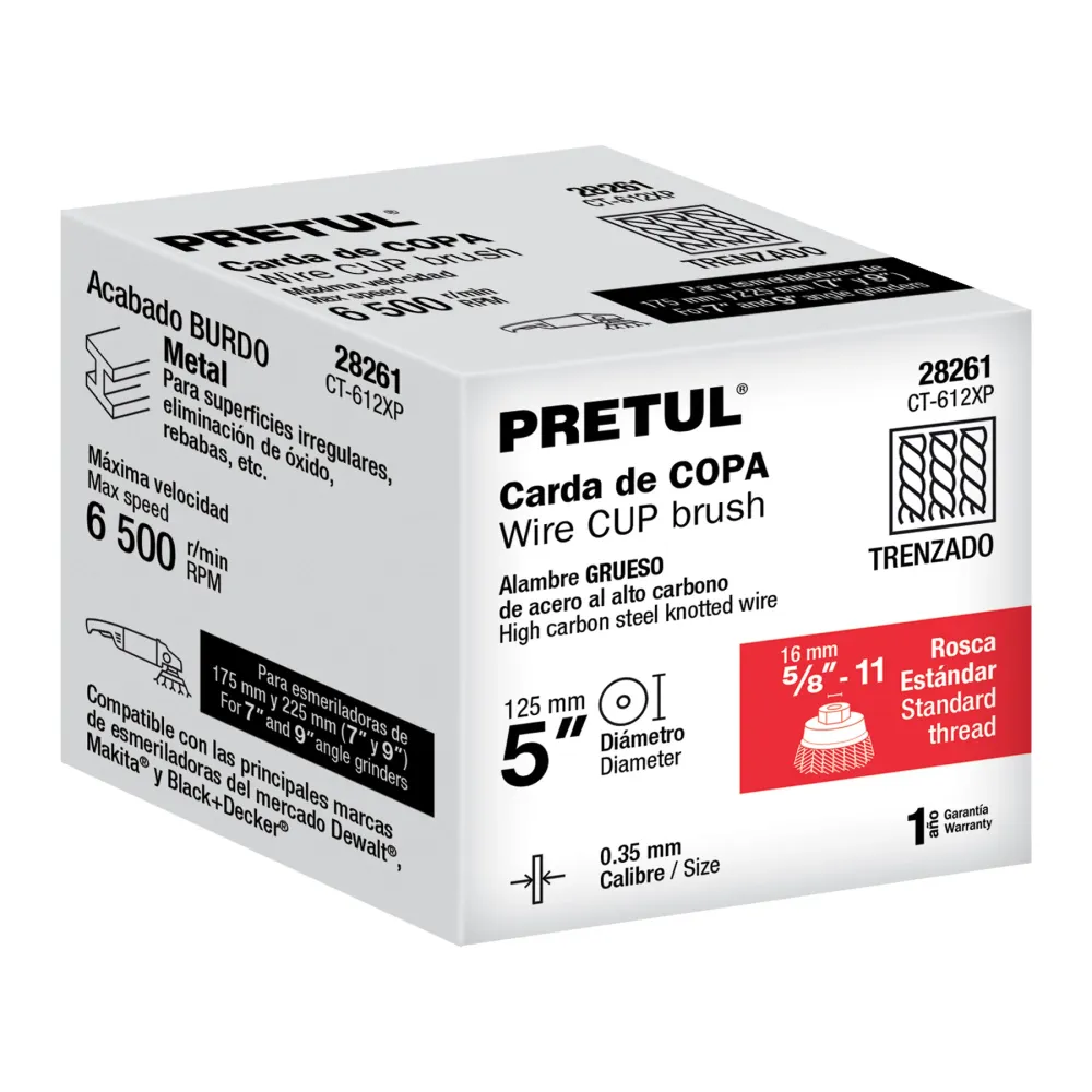 Carda copa 5' alambre trenzado grueso, eje 5/8'-11, Pretul 28261 CT-612XP