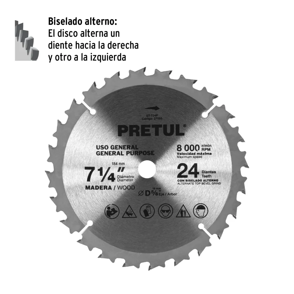 Disco sierra 7-1/4' p/madera, 24 dientes centro 5/8', Pretul 27055 ST-724P
