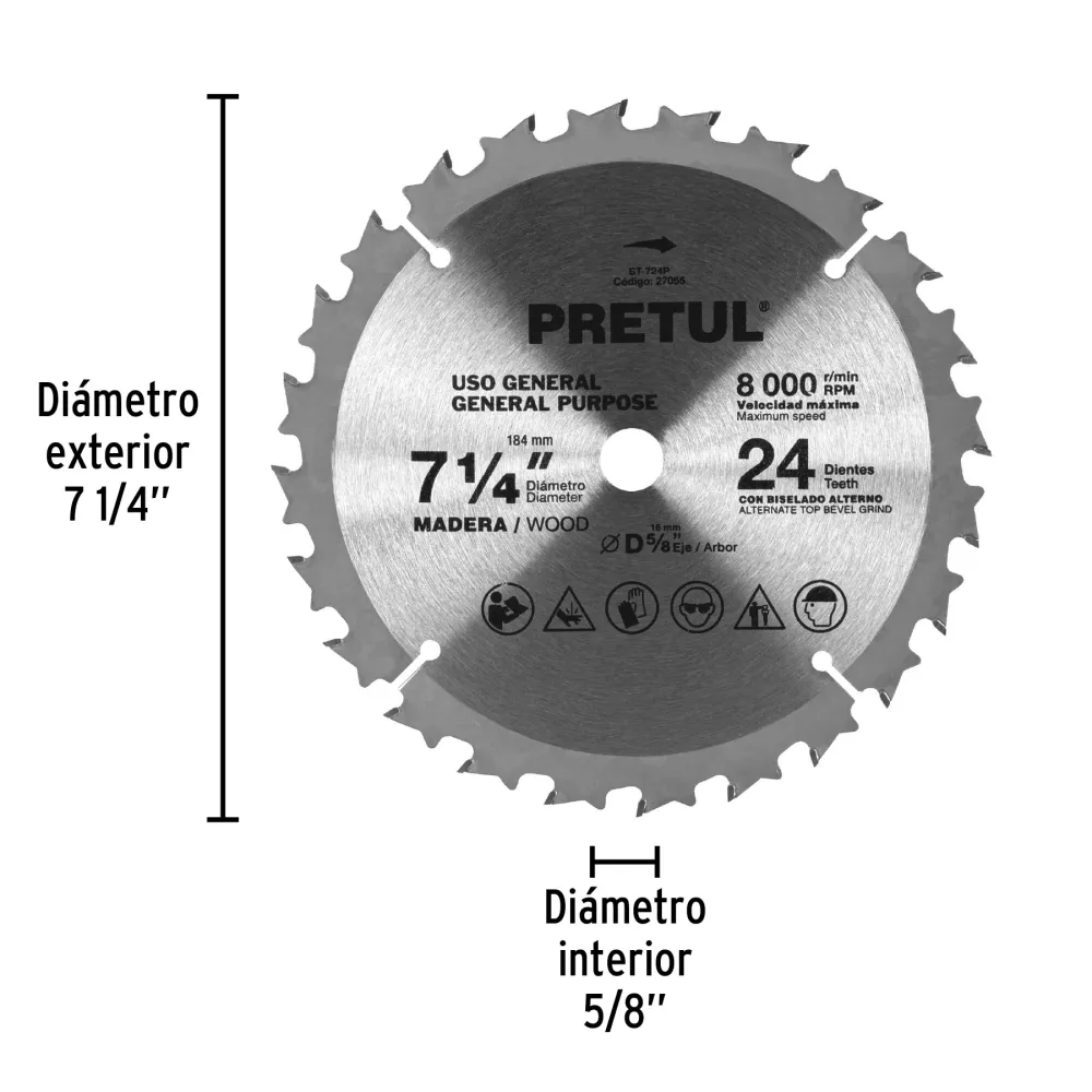 Disco sierra 7-1/4' p/madera, 24 dientes centro 5/8', Pretul 27055 ST-724P
