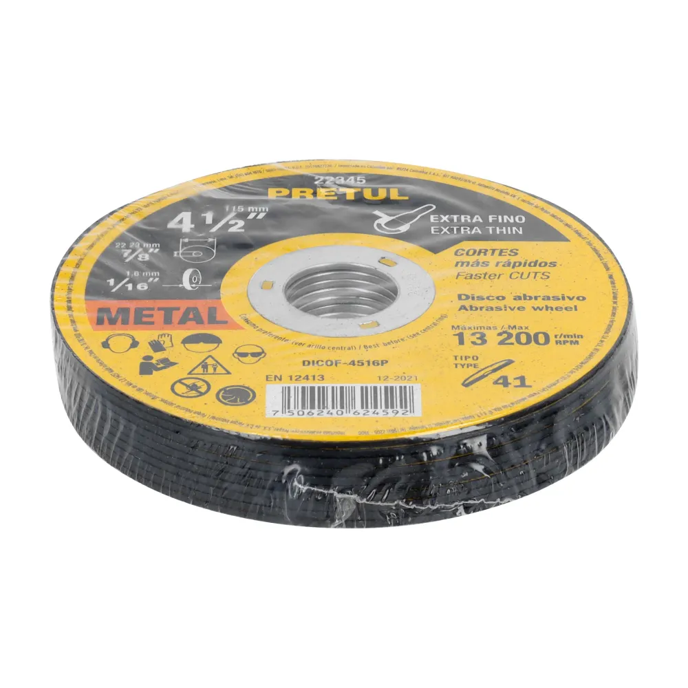 Disco Tipo 41 de 4-1/2' x 1.6 mm corte fino de metal, Pretul 22345 DICOF-4516P