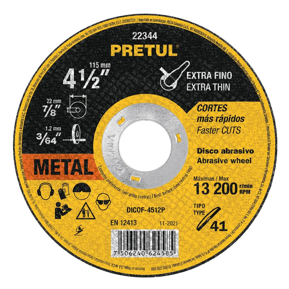 Disco Tipo 41 de 4-1/2' x 1.2 mm corte fino de metal, Pretul 22344 DICOF-4512P