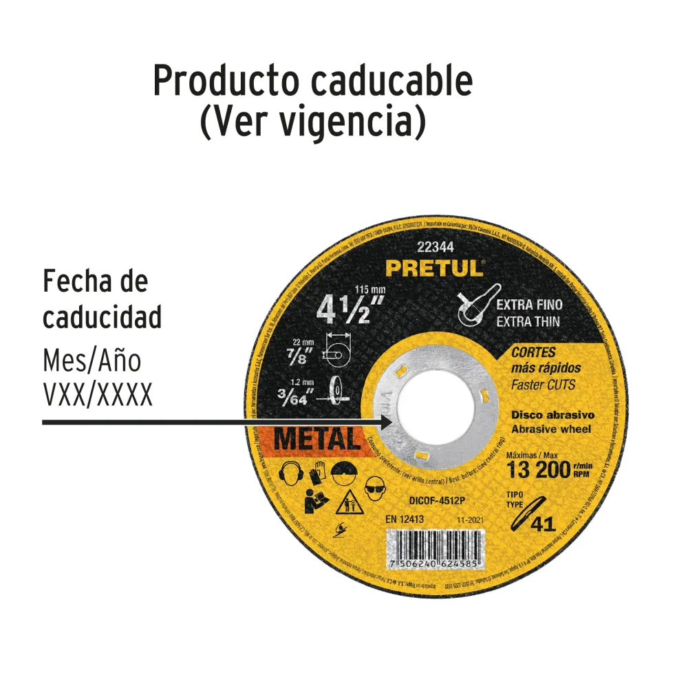 Disco Tipo 41 de 4-1/2' x 1.2 mm corte fino de metal, Pretul 22344 DICOF-4512P