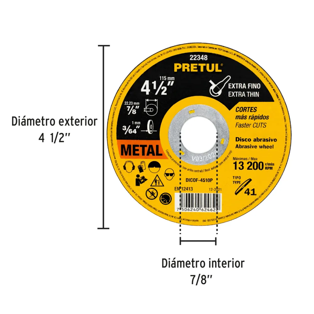 Disco Tipo 41 de 4-1/2' x 1 mm corte fino de metal, Pretul 22348 DICOF-4510P