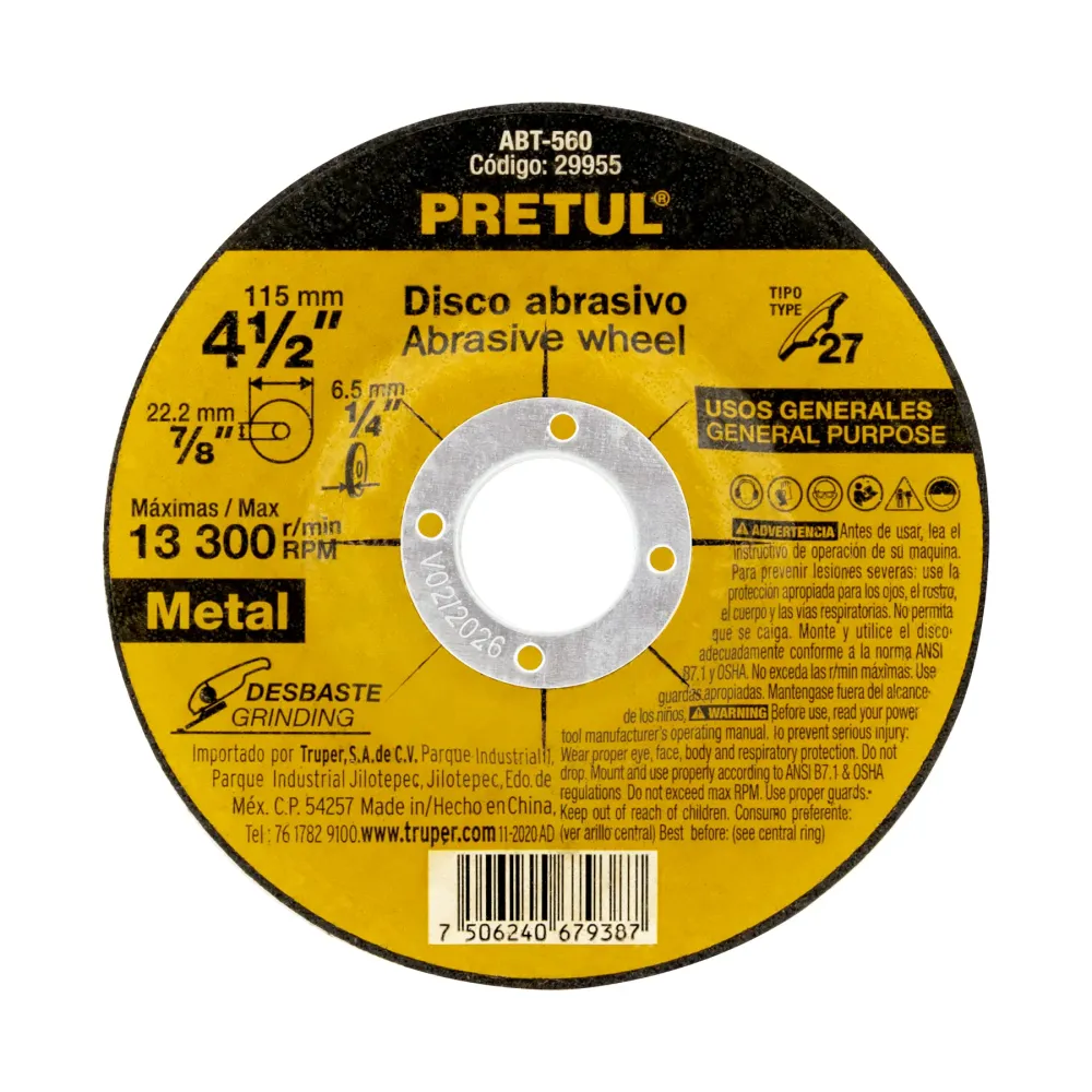 Disco Tipo 27 de 4-1/2' x 6.2 mm desbaste de metal, Pretul 29955 ABT-560