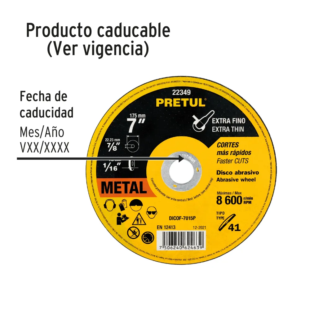 Disco Tipo 41 de 7' x 1.5 mm corte fino de metal, Pretul 22349 DICOF-7015P