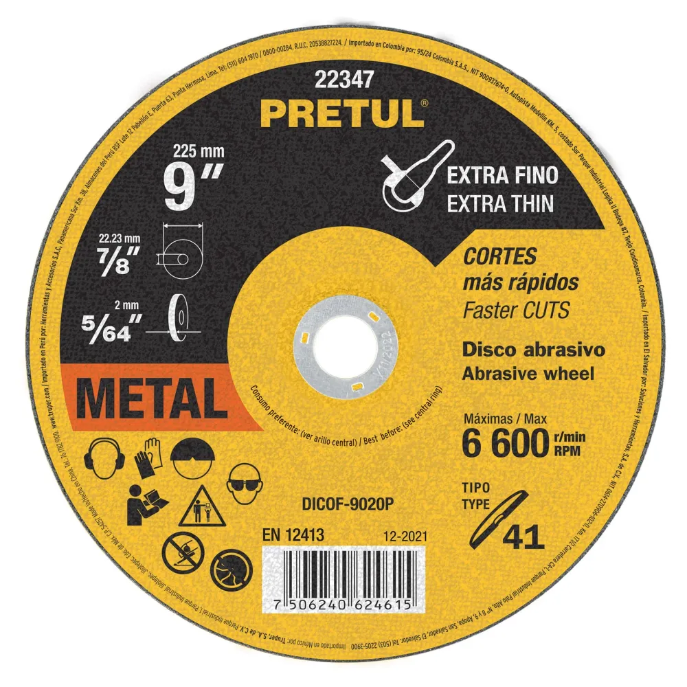 Disco Tipo 41 de 9' x 2 mm corte fino de metal, Pretul 22347 DICOF-9020P