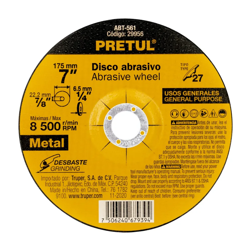Disco Tipo 27 de 7' x 6.2 mm desbaste de metal, Pretul 29956 ABT-561