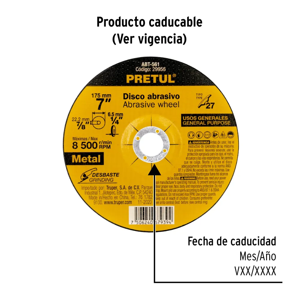 Disco Tipo 27 de 7' x 6.2 mm desbaste de metal, Pretul 29956 ABT-561