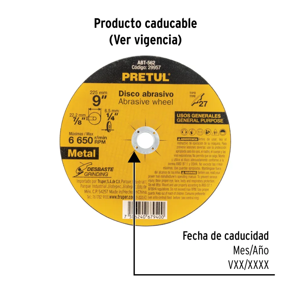 Disco Tipo 27 de 9' x 6.2 mm desbaste de metal, Pretul 29957 ABT-562