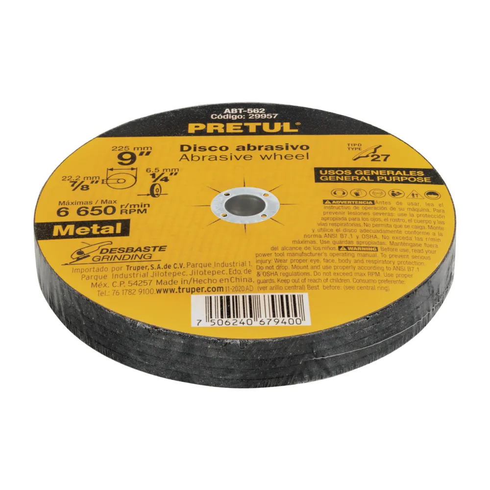 Disco Tipo 27 de 9' x 6.2 mm desbaste de metal, Pretul 29957 ABT-562