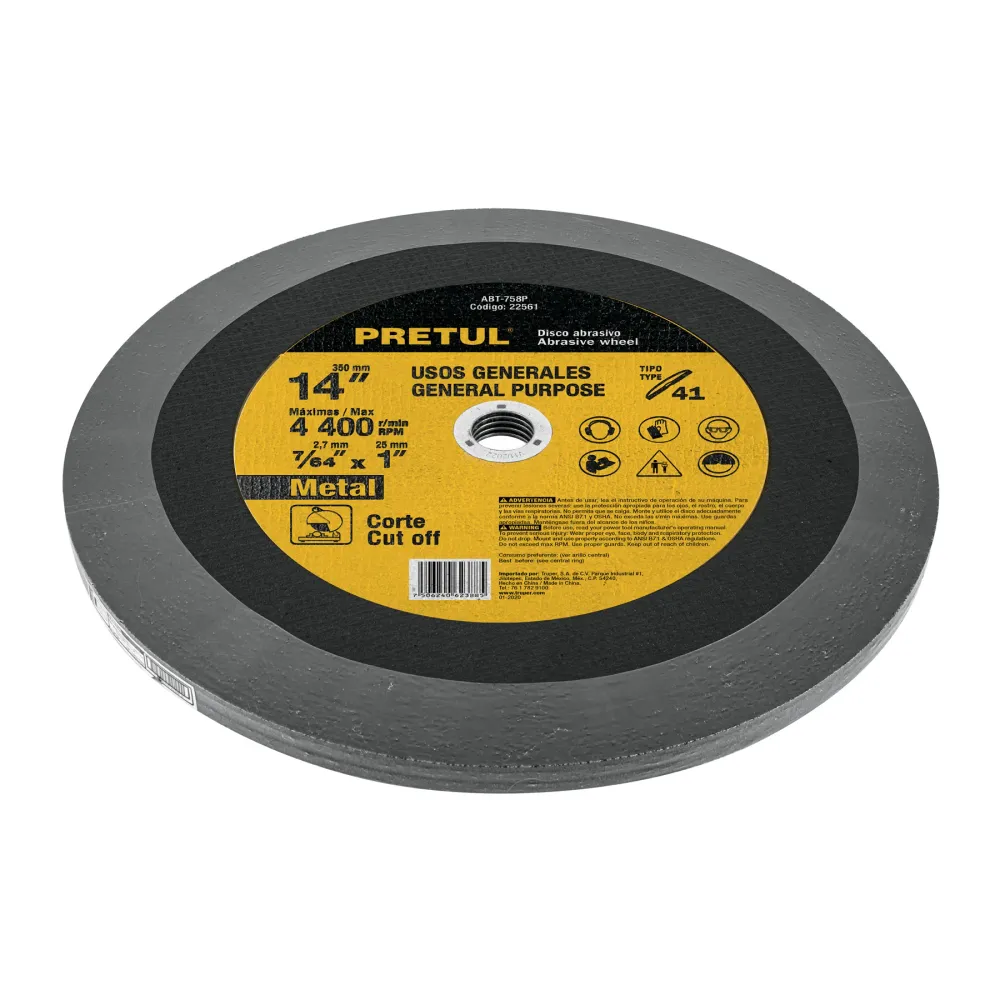 Disco Tipo 41 de 14' x 2.8 mm para corte de metal, Pretul 22561 ABT-758P