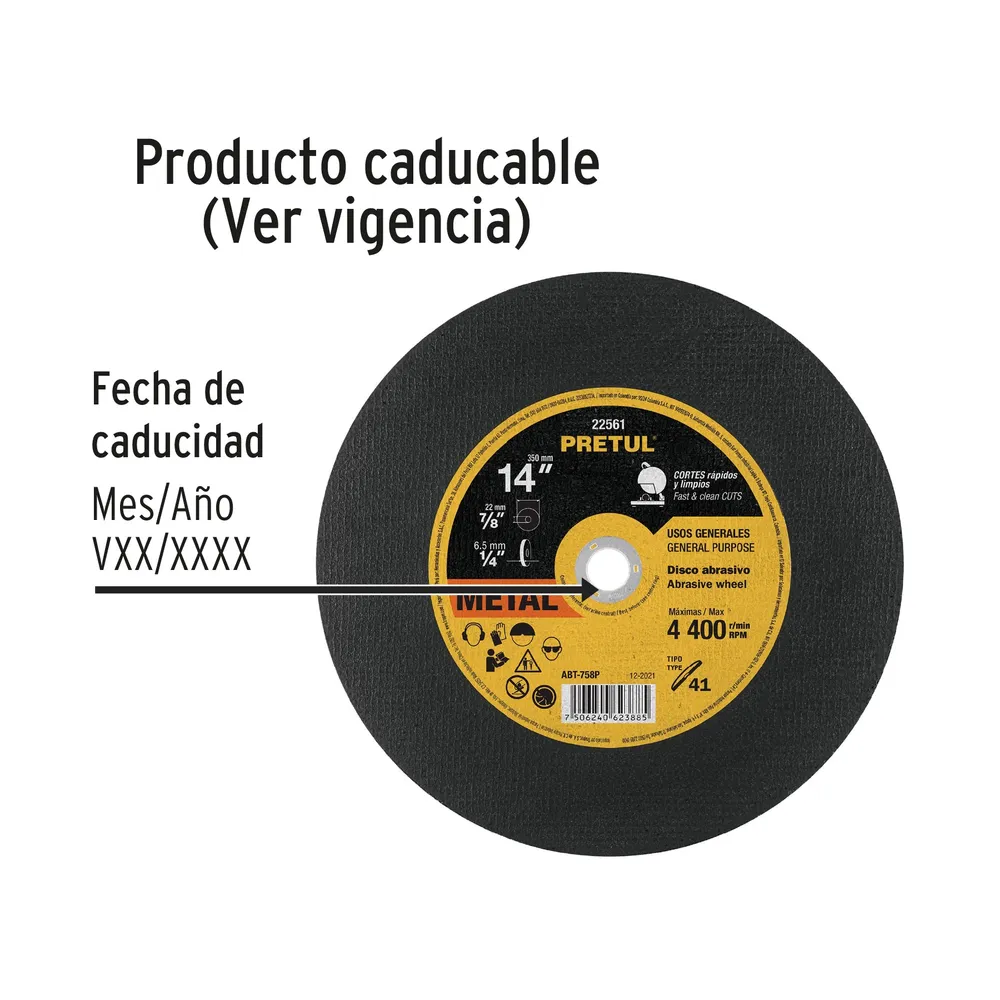 Disco Tipo 41 de 14' x 2.8 mm para corte de metal, Pretul 22561 ABT-758P