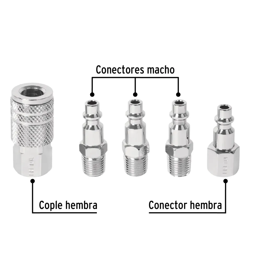 Juego de 4 conectores y 1 cople para compresor, Pretul 27021 CORAL-5P
