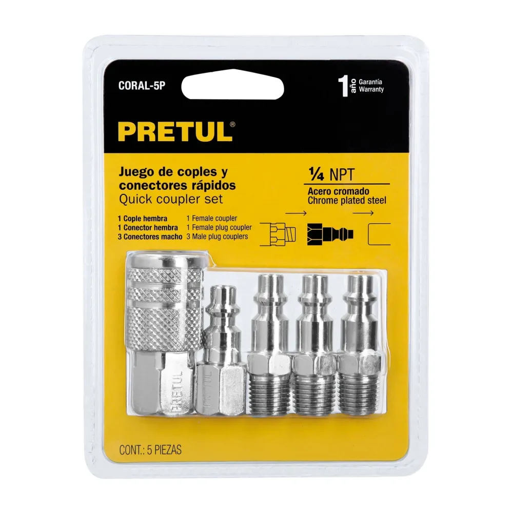 Juego de 4 conectores y 1 cople para compresor, Pretul 27021 CORAL-5P