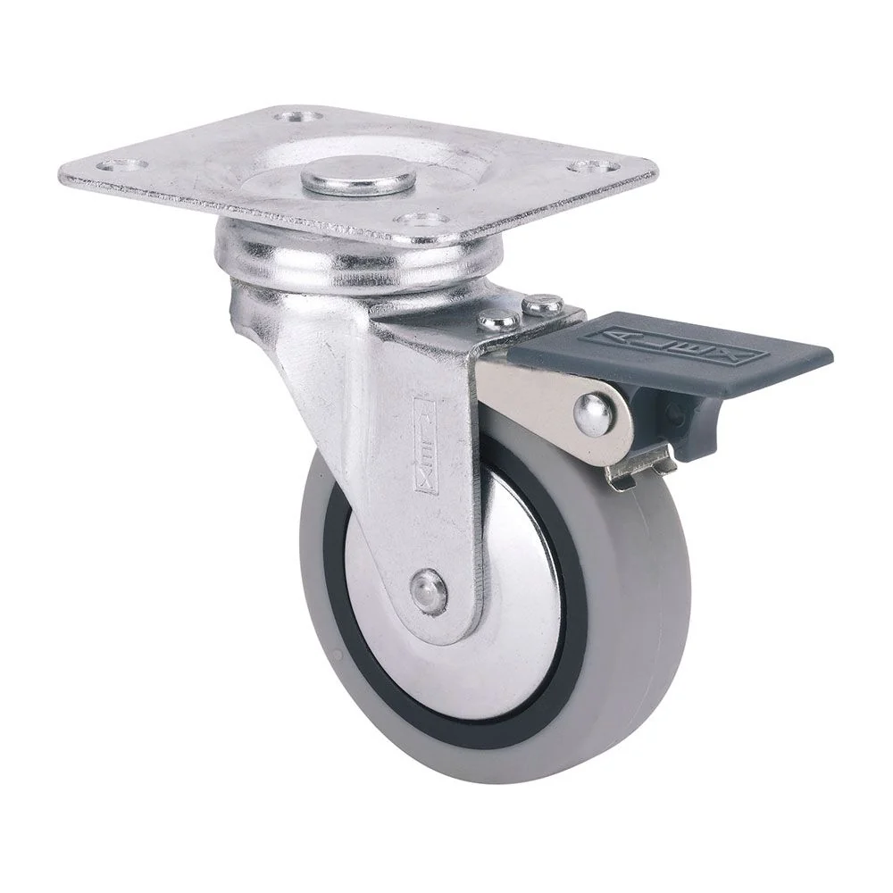 RUEDA GIRATORIA DE GOMA CON PLACA, FRENO Y EJE LISO, COLOR GRIS, CARGA MÁX. 17 kg, Ø 4 cm RUEDAS ALEX