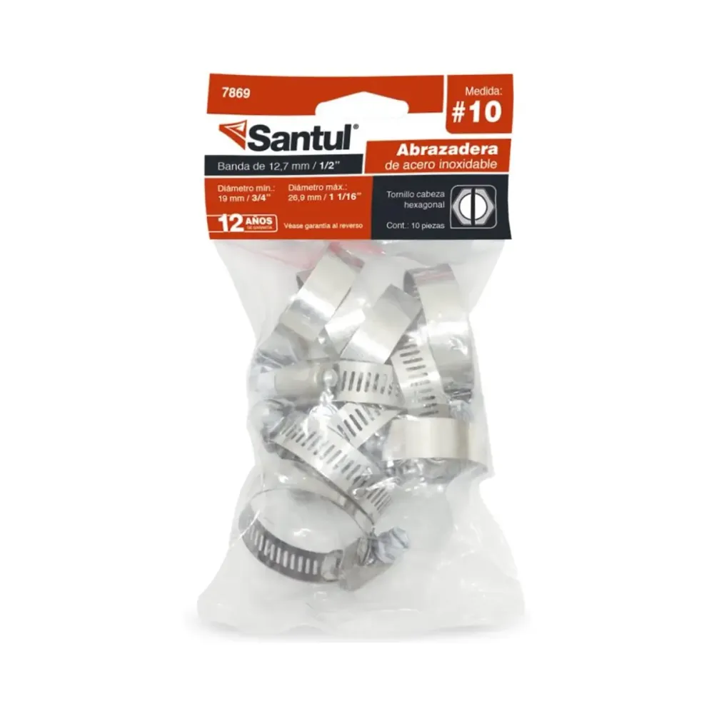 Bolsa con 10 Abrazaderas del #10 de 3/4 1 1/16 ancho 1/2 Santul
