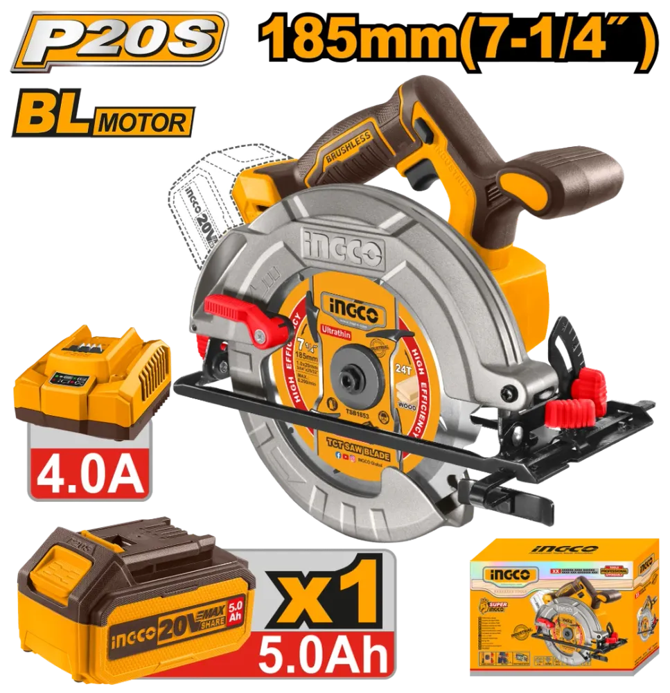 SIERRA CIRCULAR BL + BAT 5AH Y CARG INDUSTRIAL 7 1/4" 20V/185MM INGCO