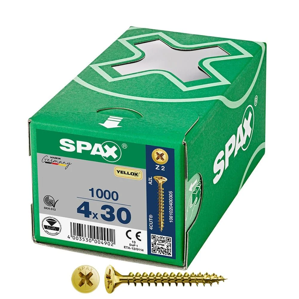 CAJA 1000 UNID. TORNILLO UNIVERSAL CABEZA PLANA YELLOX 4X30MM Z2 SPAX