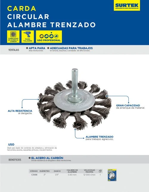 Carda circular trenzada alambre delgado 3" x 0.30 mm con zanco 1/4" Surtek
