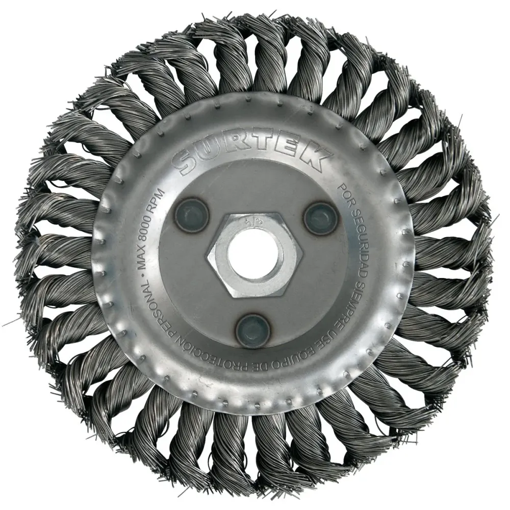 Carda circular trenzada alambre grueso 4" x 0.50 mm con rosca 5/8" SURTEK.