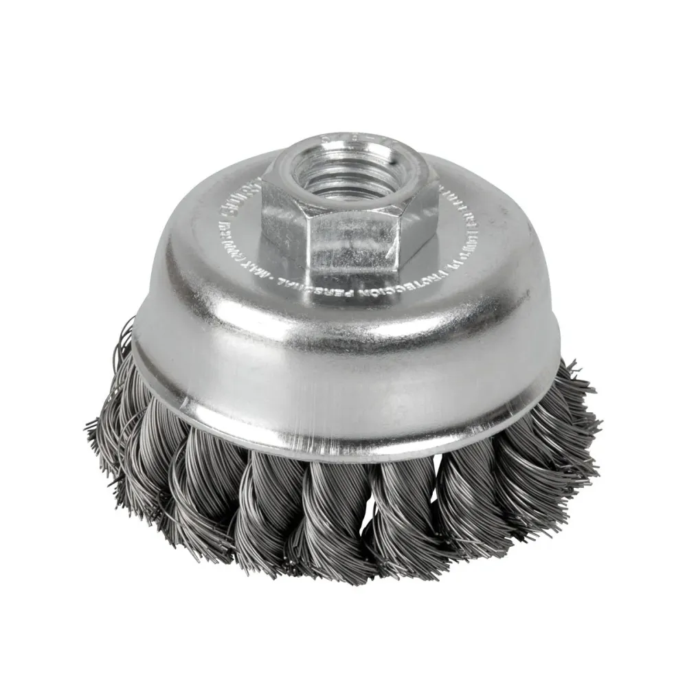 Carda copa trenzada alambre delgado 4" x 0.35 mm con rosca 5/8" Surtek.