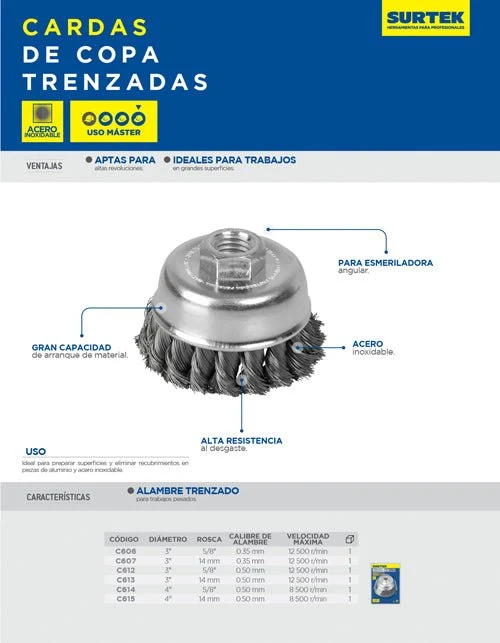 Carda copa trenzada alambre delgado acero inoxidable Surtek Gris