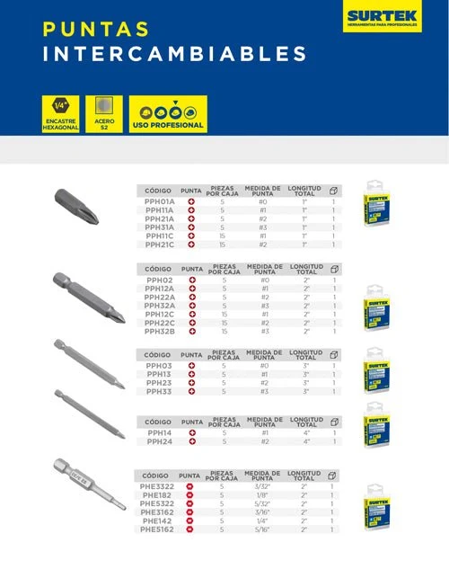 Punta Phillips de poder para destornillador hexágono de 1/4" Largo 2" 15 piezas Surtek