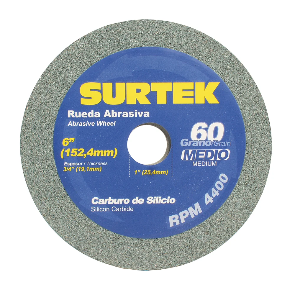 Rueda abrasiva de carburo de silicio verde grano 60, 6" x 3/4" Surtek