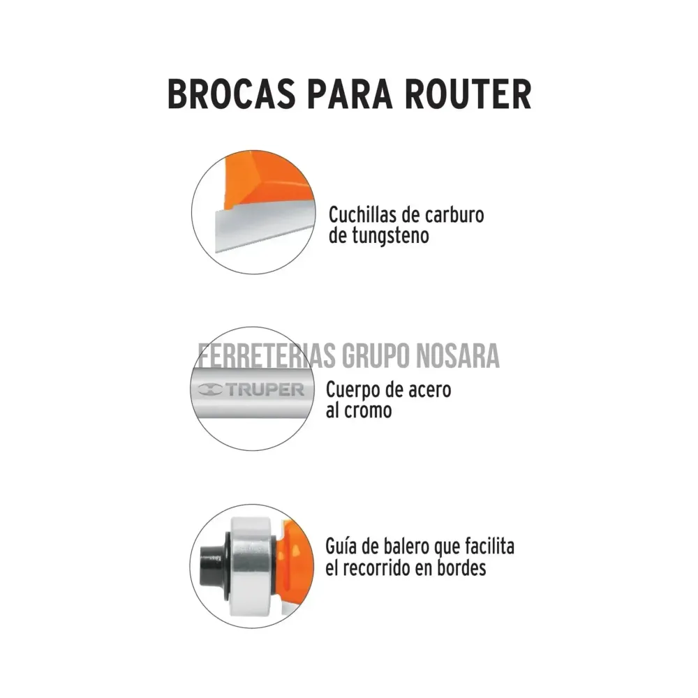 Broca para router, bocel cuarto, 1-1/8" con balero, Truper / 11485