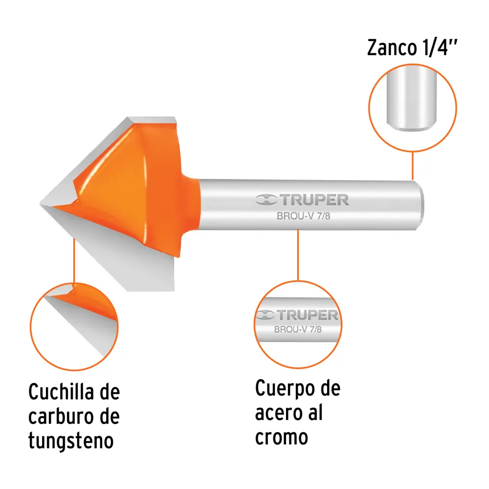 Broca para router, corte en 'V', 7/8', Truper Código: 11467