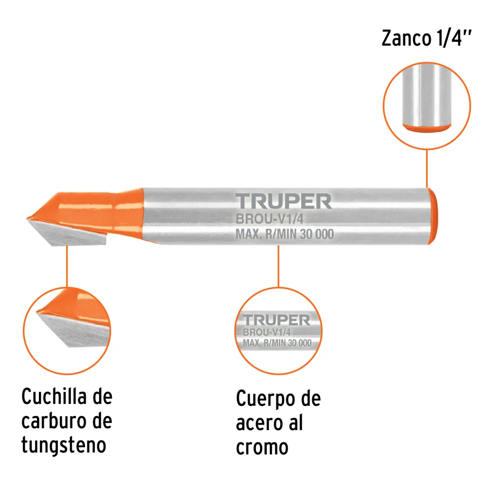 Broca para router, corte en 'V', 1/4', Truper Código: 102718
