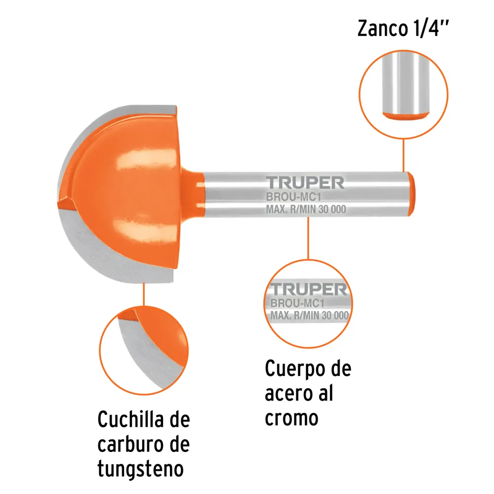 Broca para router, media cañ, 1', Truper 102723 BROU-MC1