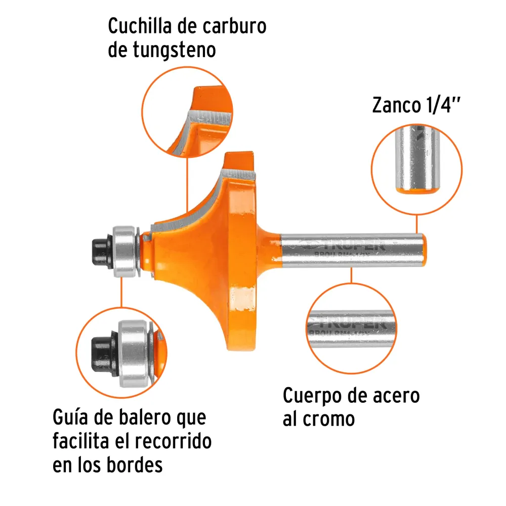 Broca para router, redondeado con moldura, 1-1/2' con balero Código: 11474 Truper