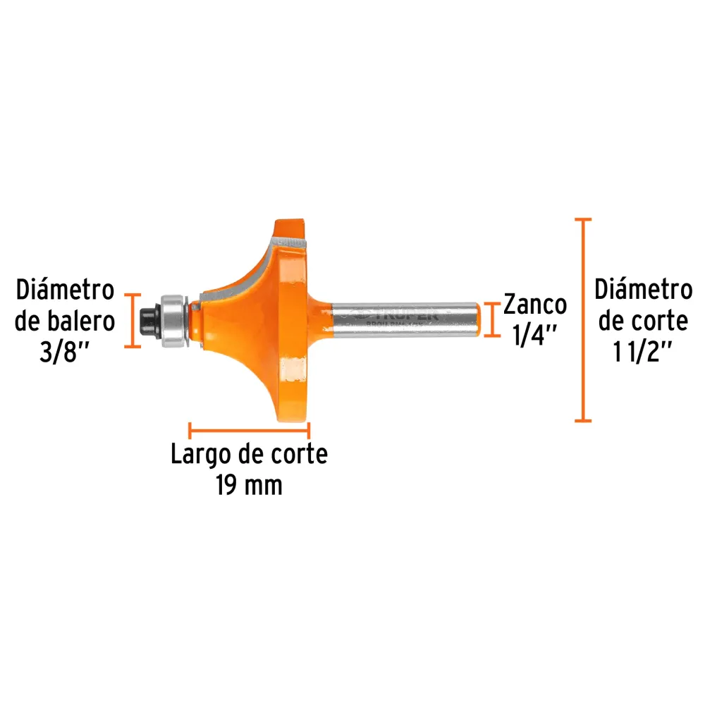 Broca para router, redondeado con moldura, 1-1/2' con balero Código: 11474 Truper