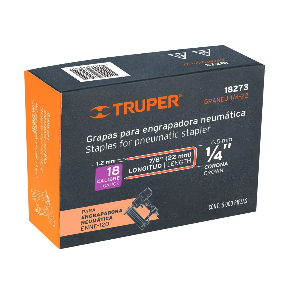 Caja con 5000 grapas corona 1/4" calibre 18, 22mm para ENNE-120 Truper