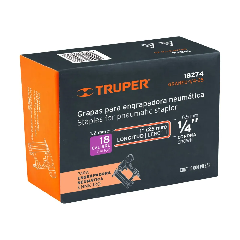Caja con 5000 grapas corona 1/4" calibre 18, 25mm para ENNE-120 Truper