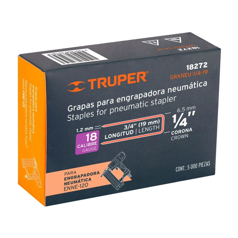 Caja con 5000 grapas corona 1/4" calibre 18, 19mm para ENNE-120 Truper
