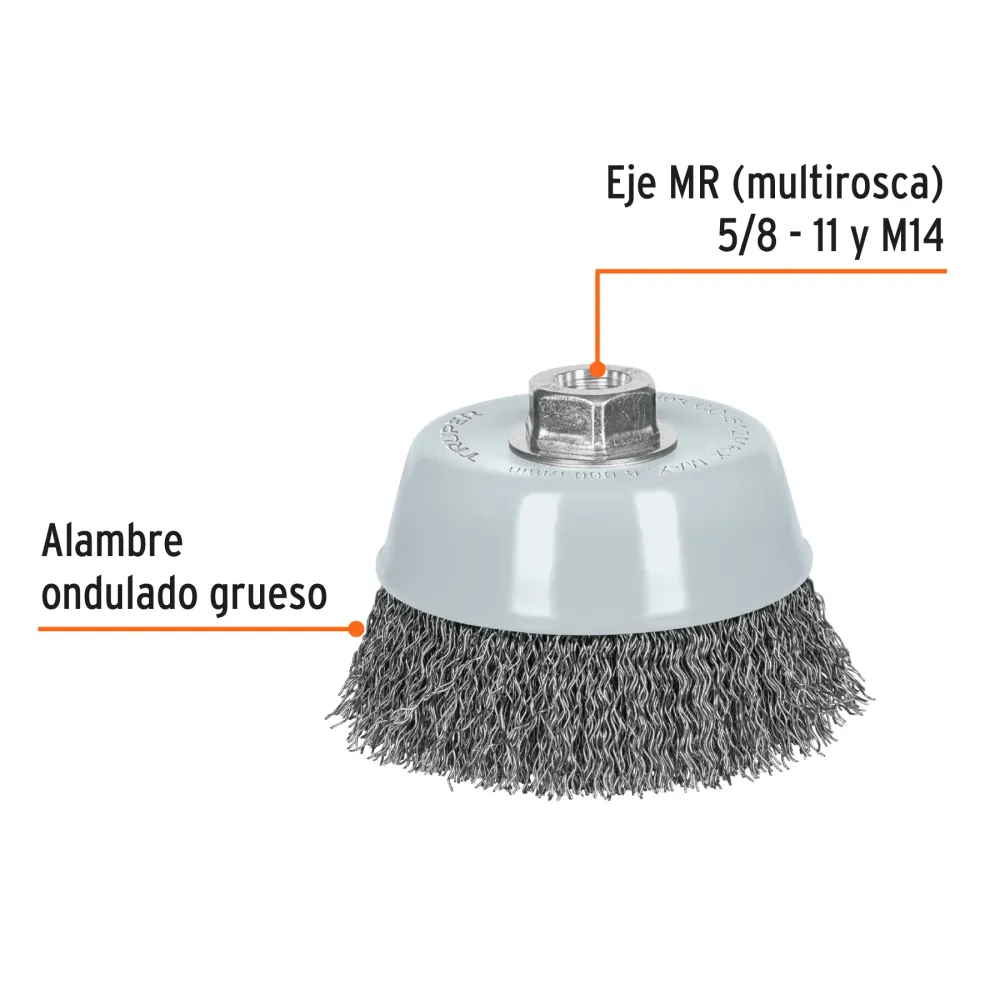 Carda copa 5' alambre ondulado grueso, Multi-rosca, Truper 100870 CO-512MRX